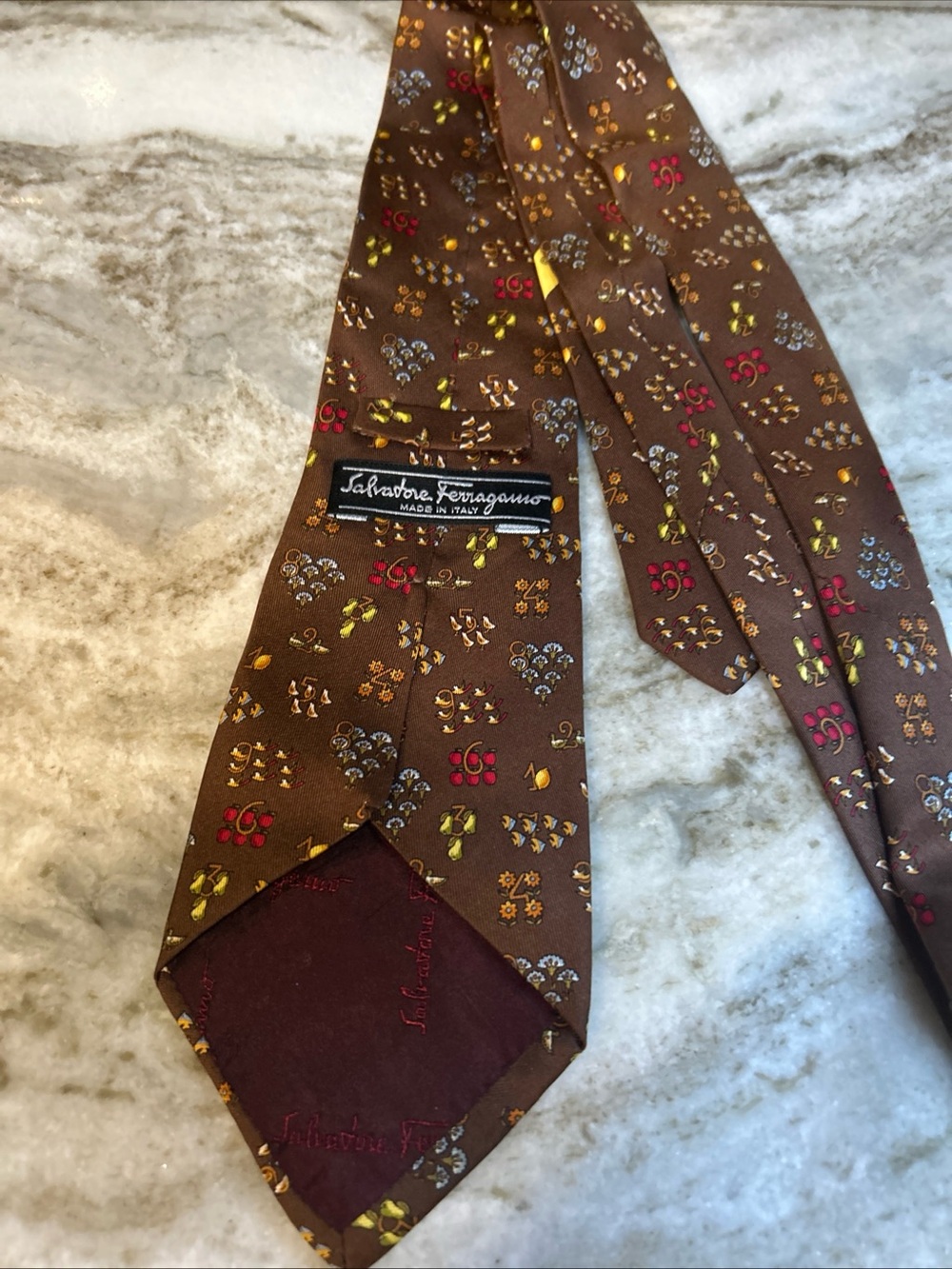 Salvatore Ferragamo Mens Silk Neck Tie Red/ Brown whimsical  Print holiday italy